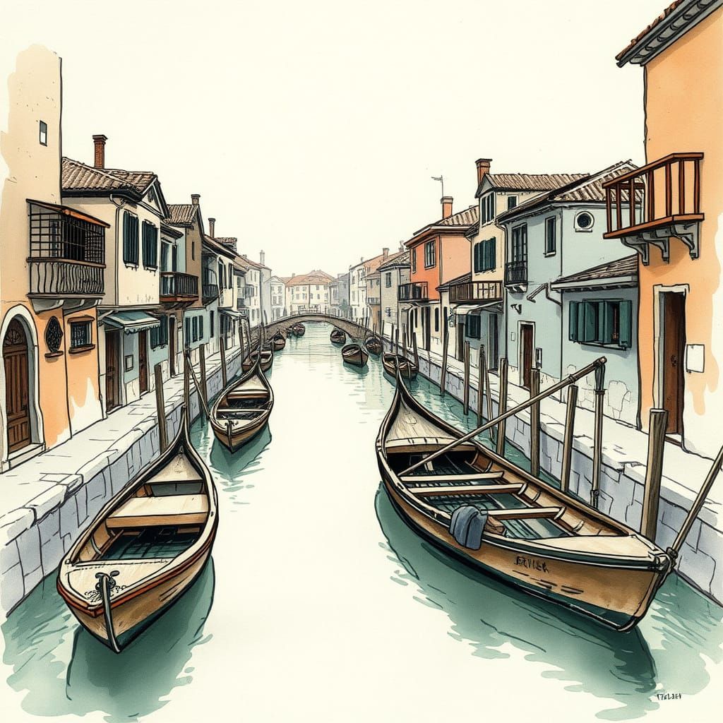 Serene Canal Scene in Ink Wash Style