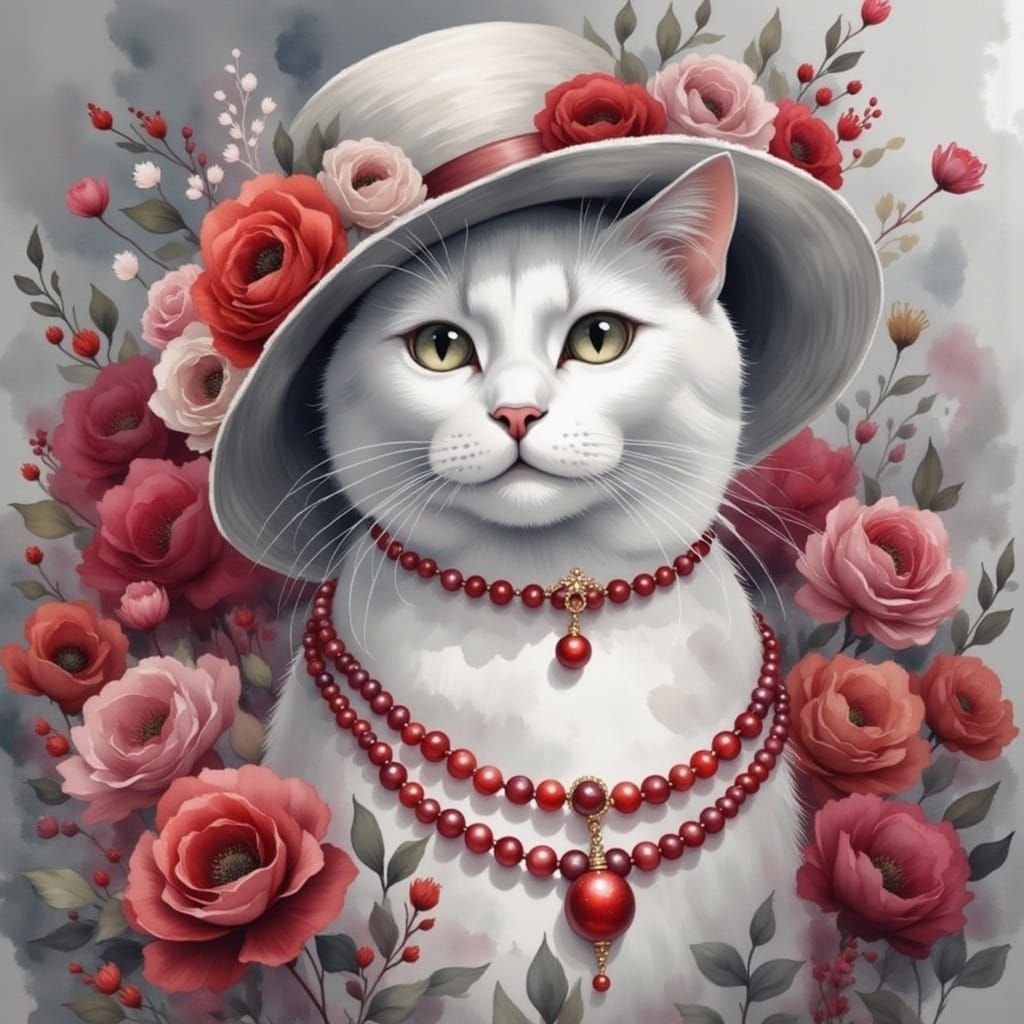 Whimsical Watercolor Cat in a Delicate Red Hat