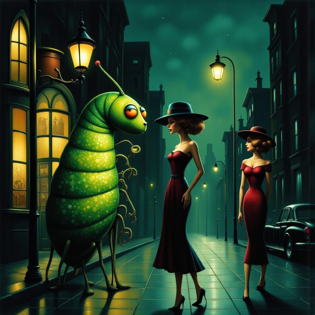 Film Noir Caterpillar Conversation in Rainy Cityscape