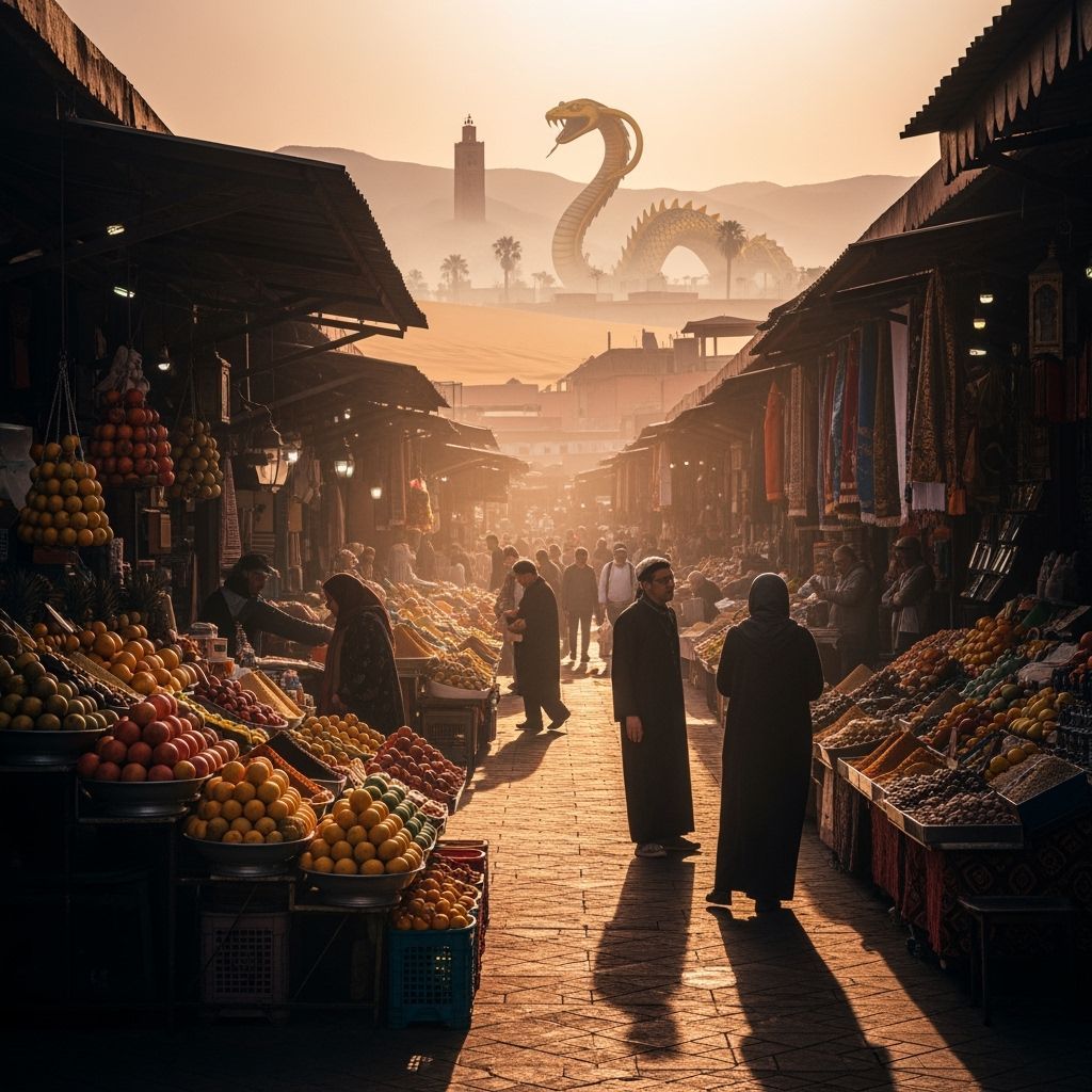 Marrakech Market with Golden Serpent in Photojournalistic St...