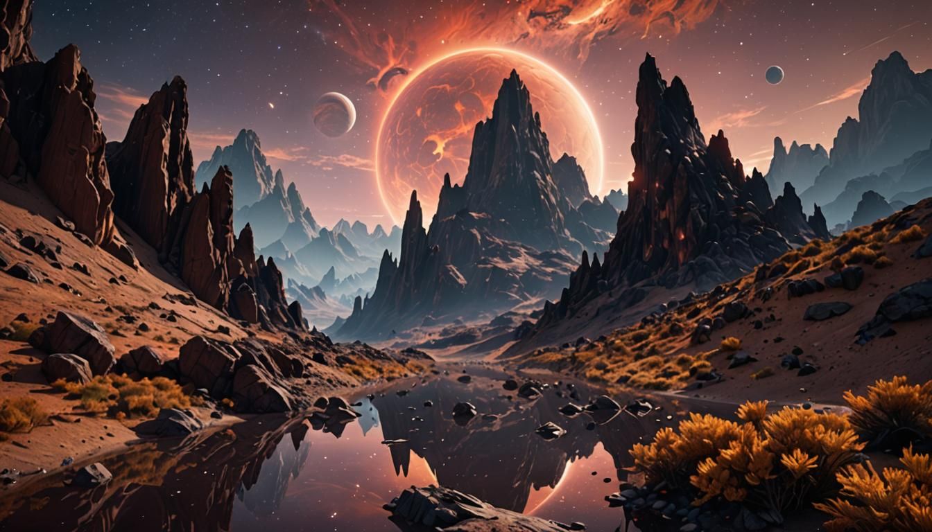Exotic Exoplanet Landscape with Radiant Sky