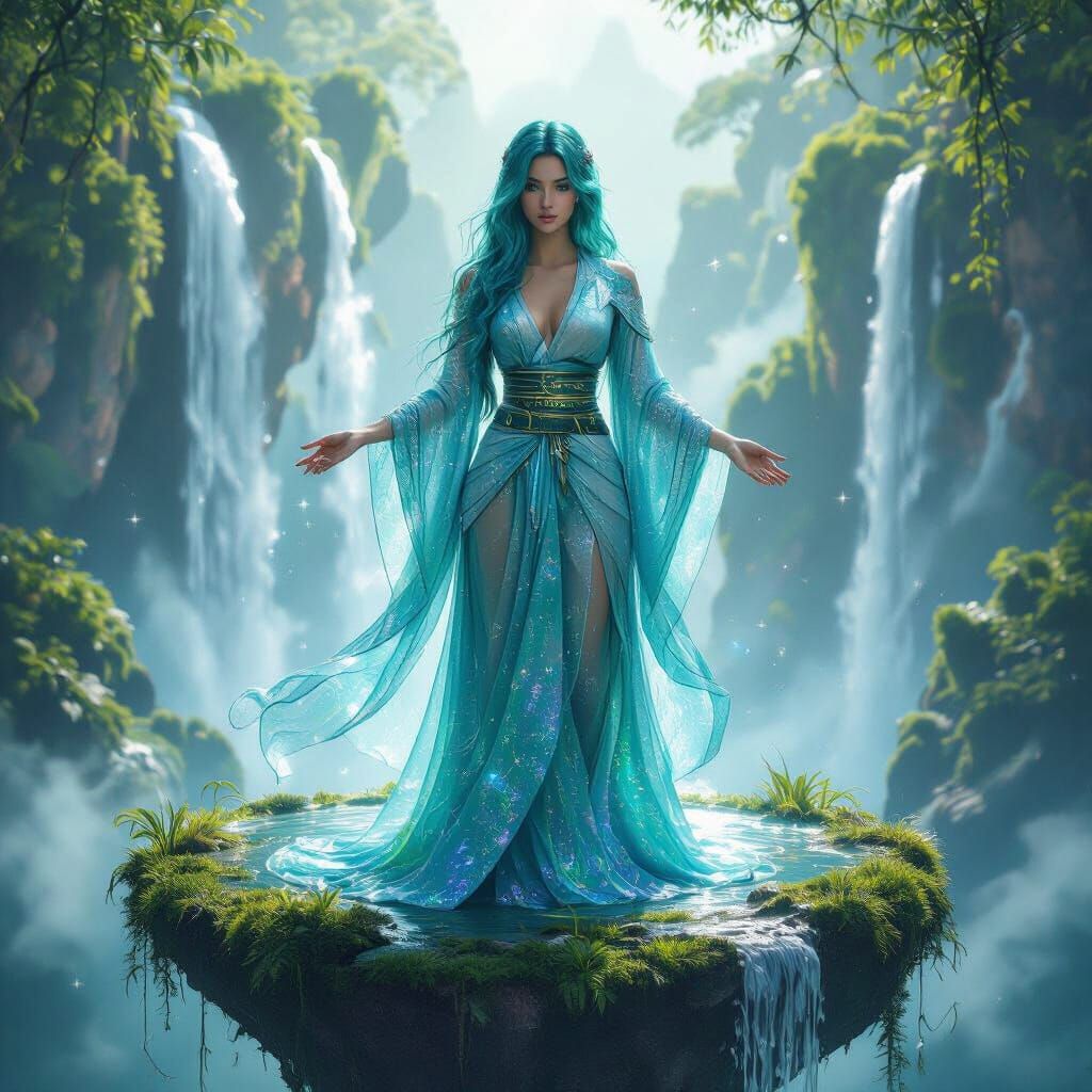 Teal-Haired Woman on Mystical Floating Island