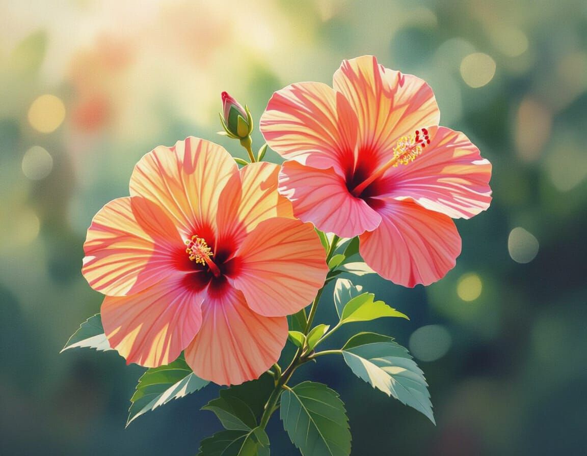 Watercolor Hibiscus Flowers in Sunlight