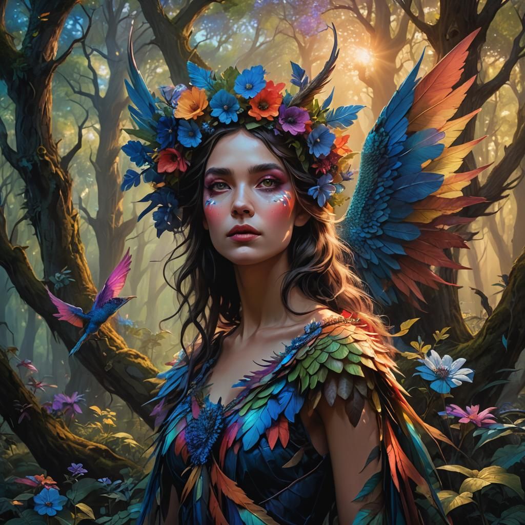 Eerie Surreal Dragon Woman in Dark Forest