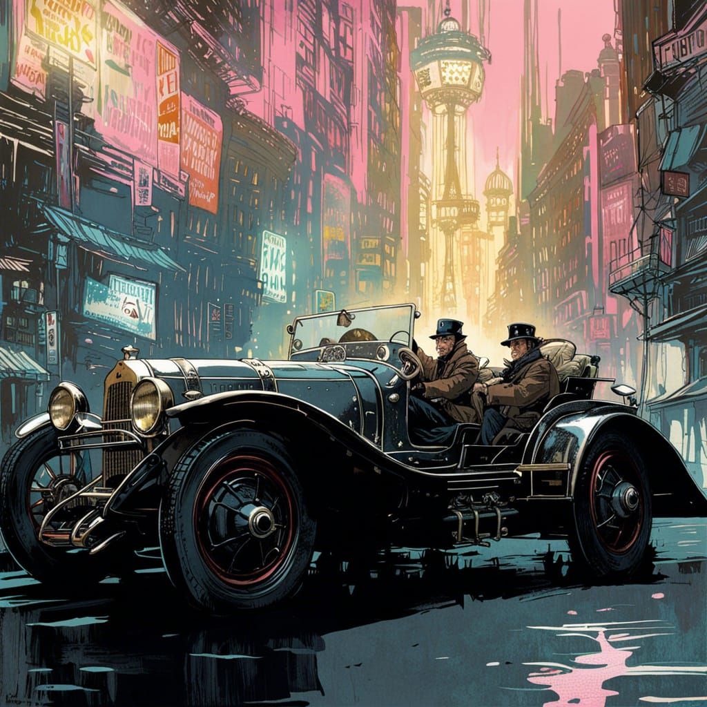 Retro-Futuristic Car in Cyberpunk Lithography Style
