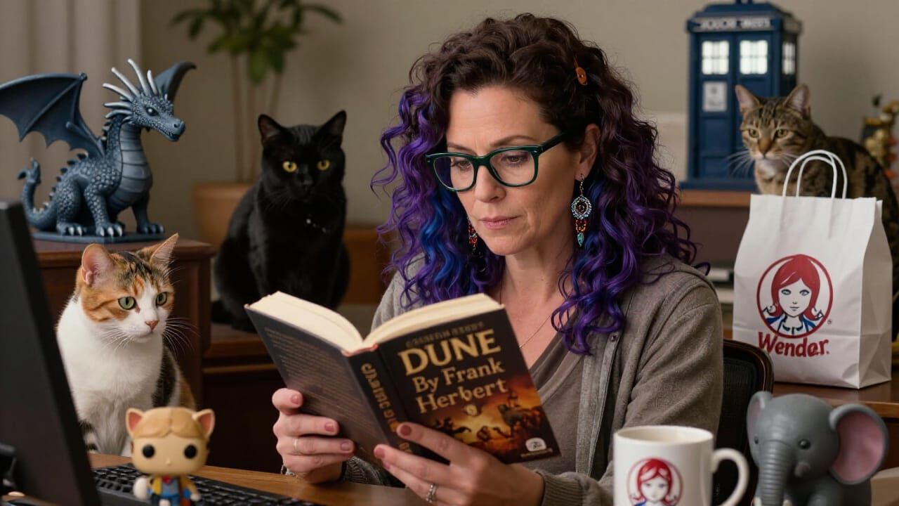 Portrait of a 60-ish Female Booklover with Cats