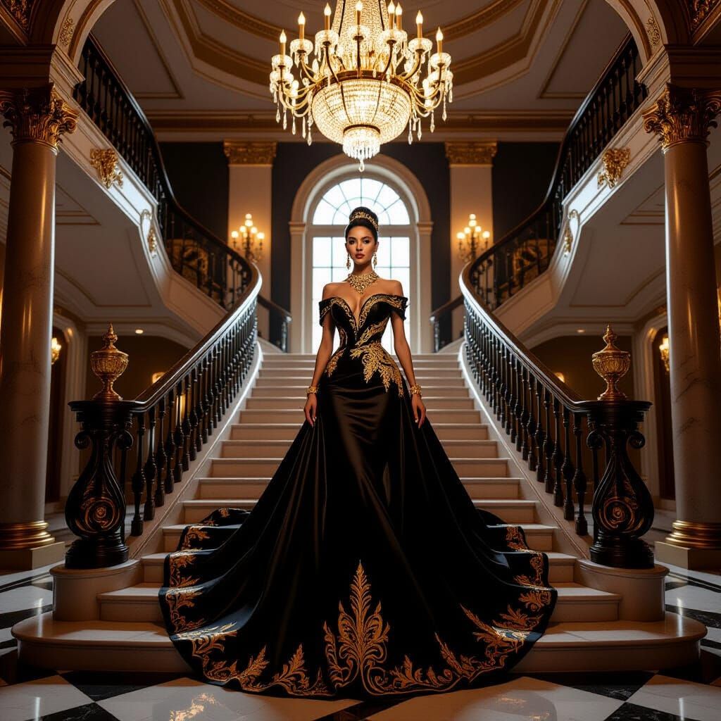 Elegant Woman Descends Grand Staircase in Opulent Mansion