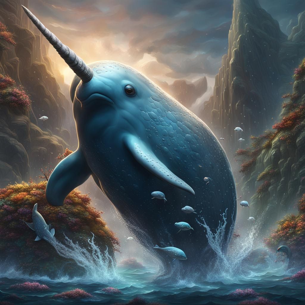 Fantastical Narwhal in Deep Color, Detailed Matte Painting