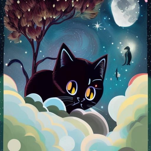 Chibi Black Cat in Starry Dreamscape