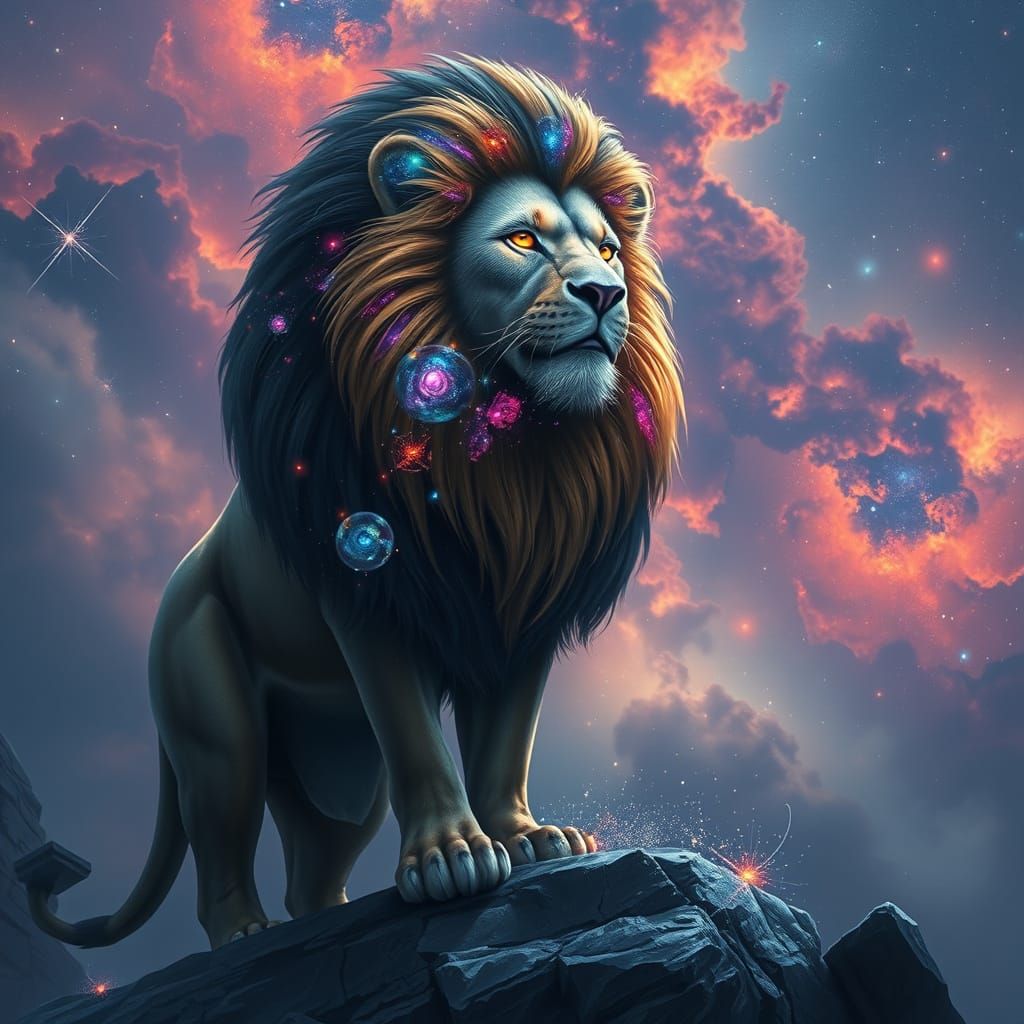 Galactic Lion in Cosmic Regalia, with Nebula-Filled Sky
