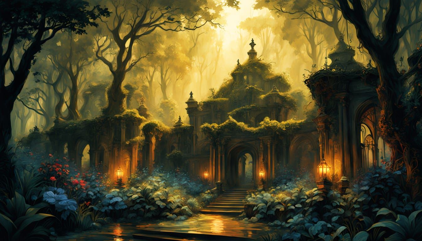 Glittering Midnight Garden with Magic Sparks