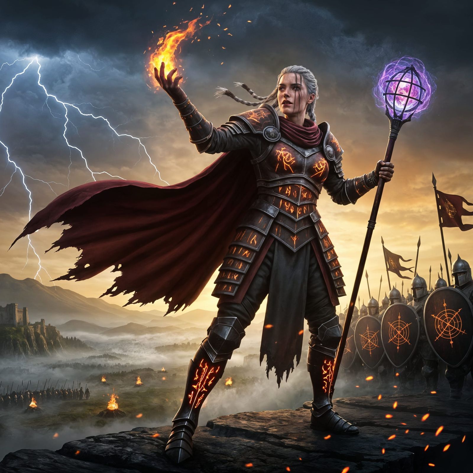 Mage Commander on Cliff at Dawn, Ready for Battle