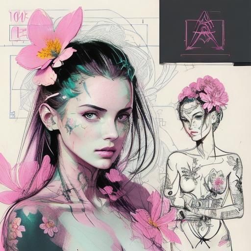 Tattooed Nude Figure in Technical Concept Art Style