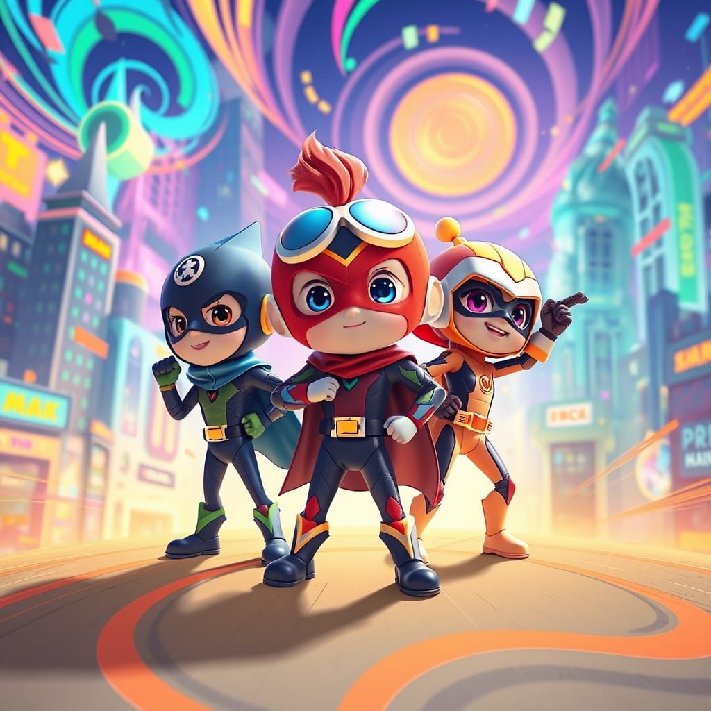 Miniature Superheroes in a Vibrant Futuristic Cityscape