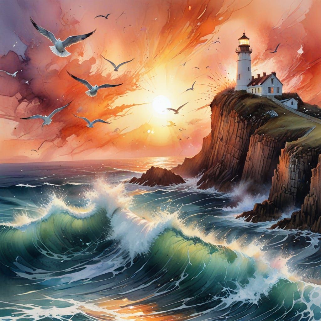 Vibrant Lighthouse at Sunset, Coastal Cliffs and Seagull in ...