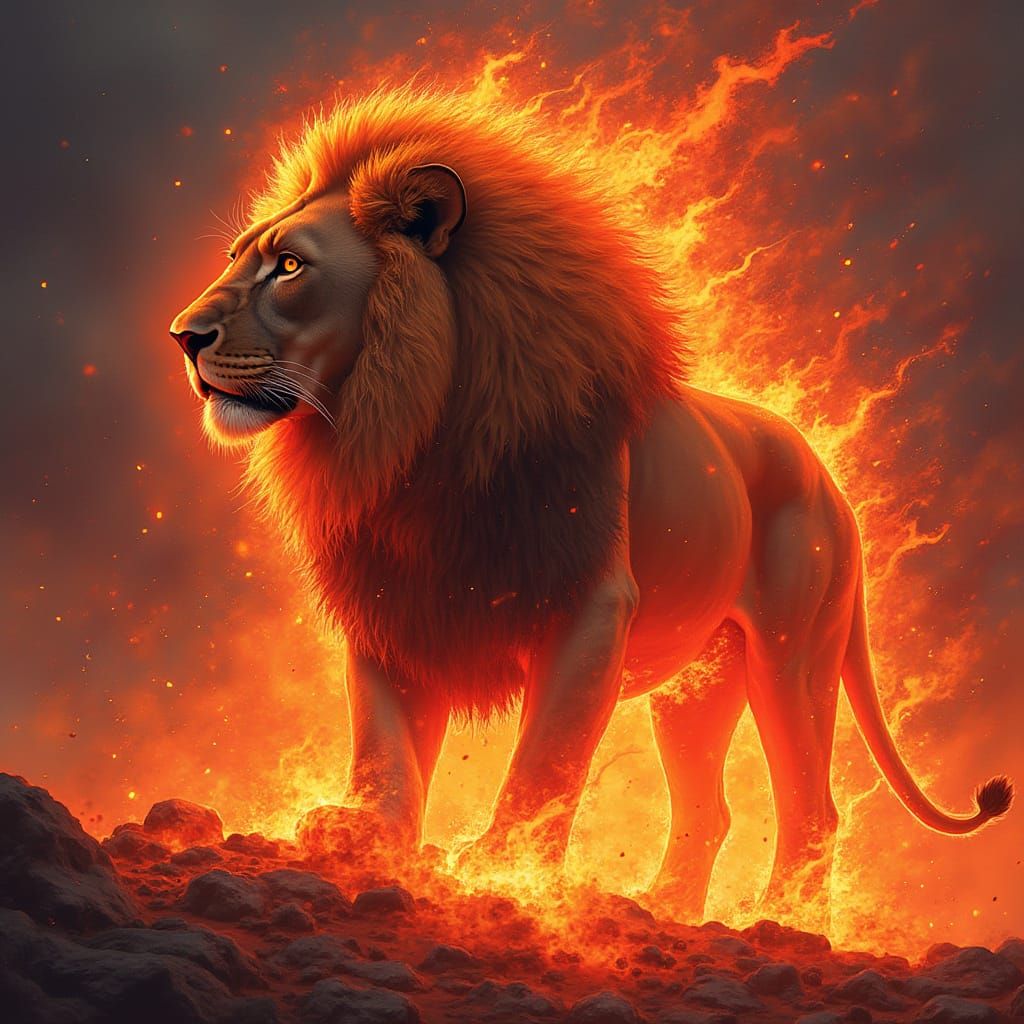 Fiery Lion in Dystopian Neon Art Style