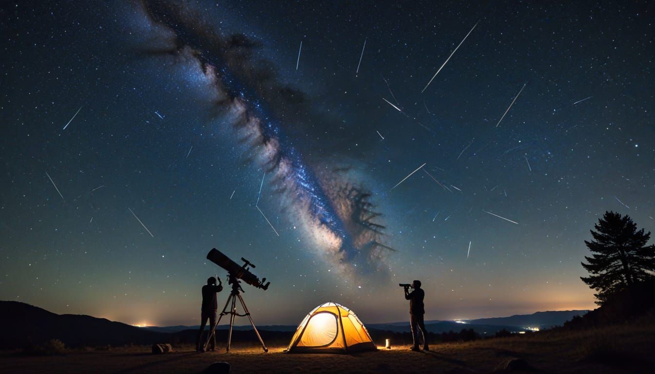 A majestic view of nightscape for catadioptric stargazing in a luminous galaxy night, with a lighted up tent and silhoue...