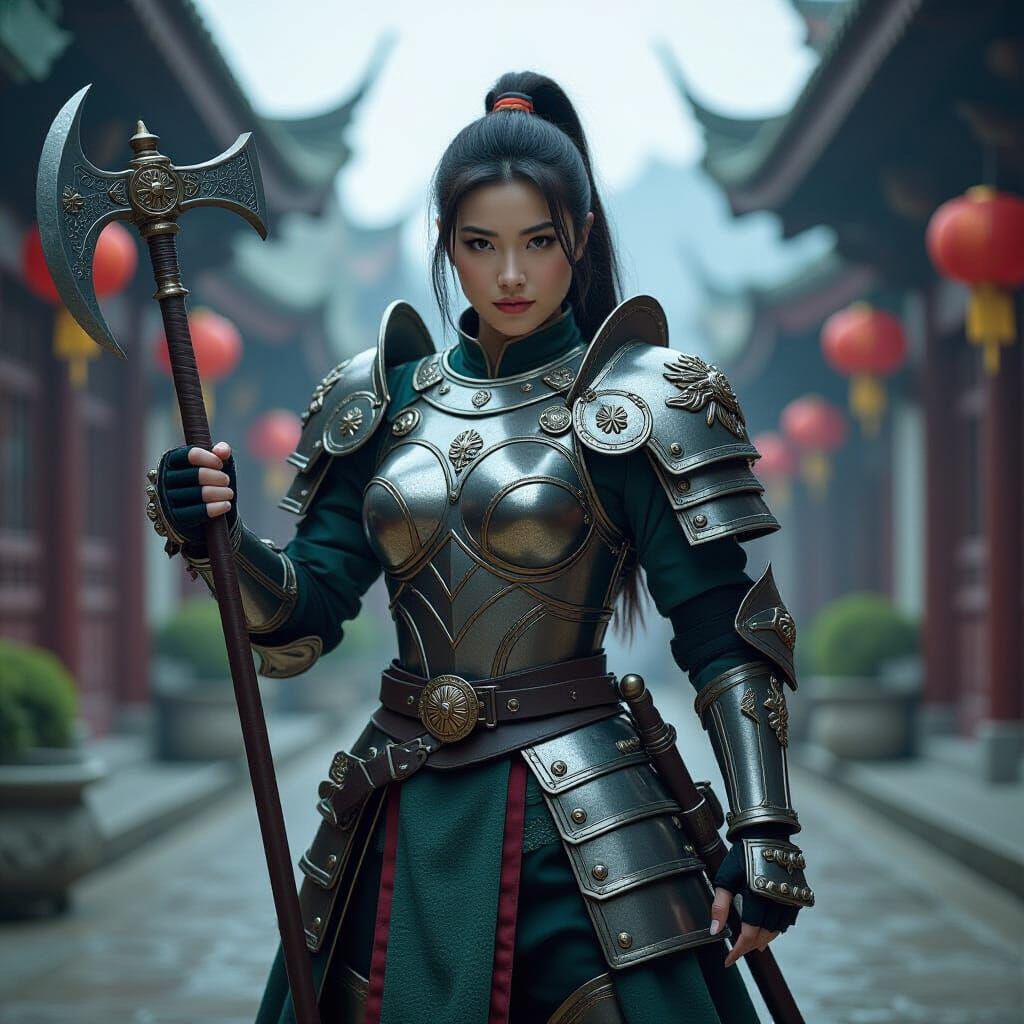 Epic Asian Paladin in Voluptuous Armor, Cinematic Film Still