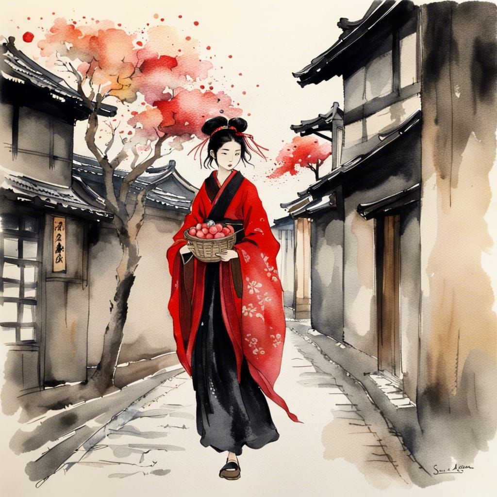 Medieval Japanese Girl in Village Street, Watercolor Style