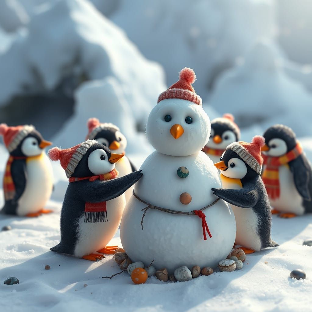 Penguins Crafting Winter Wonderland Snowman in Serene Landsc...