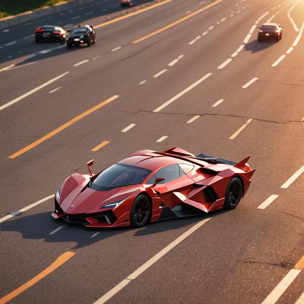 Red Supercar Speeds Down Solar Highway as Paper Art