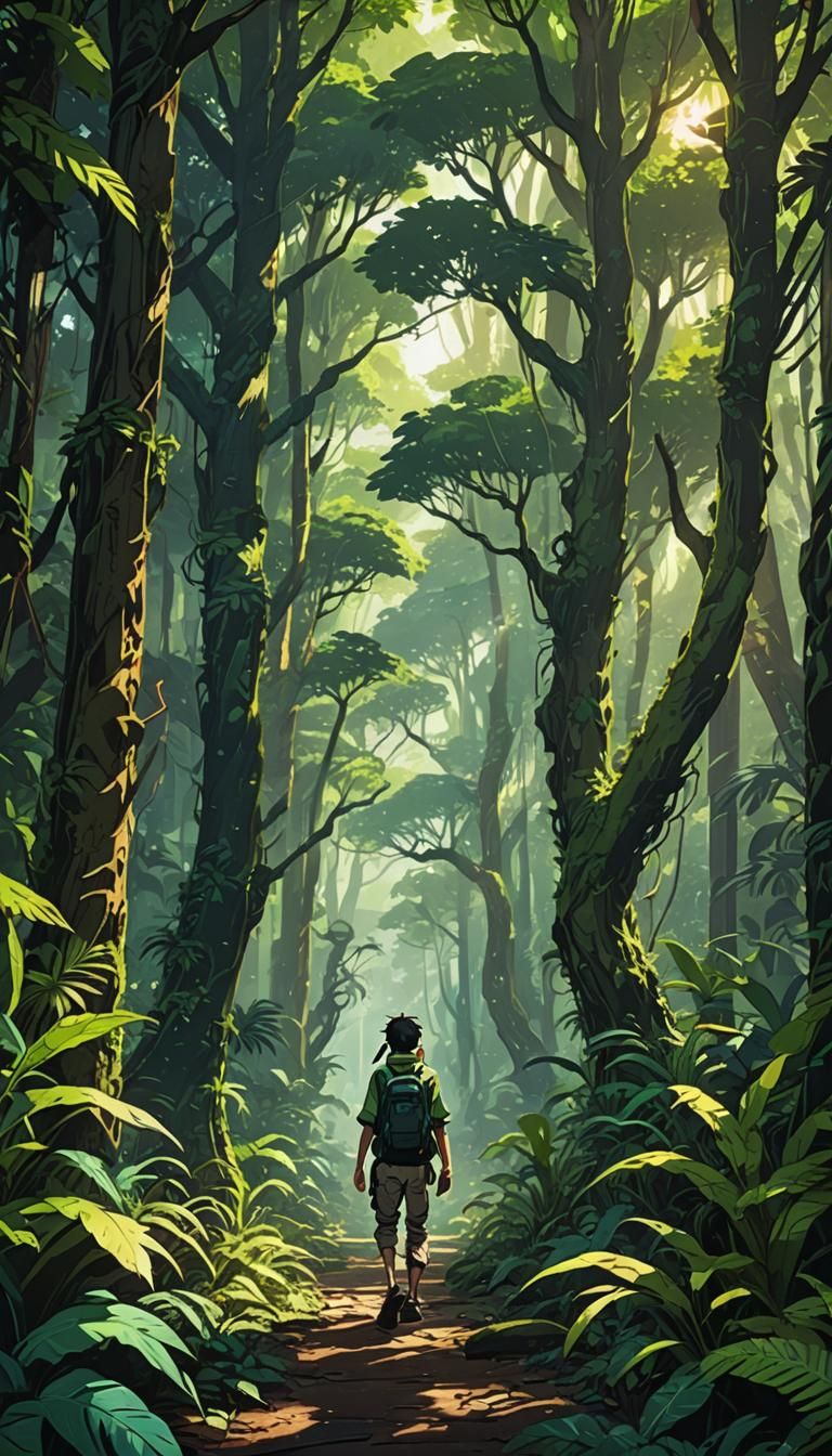 Anime Scene: Person Walking in Vibrant Jungle