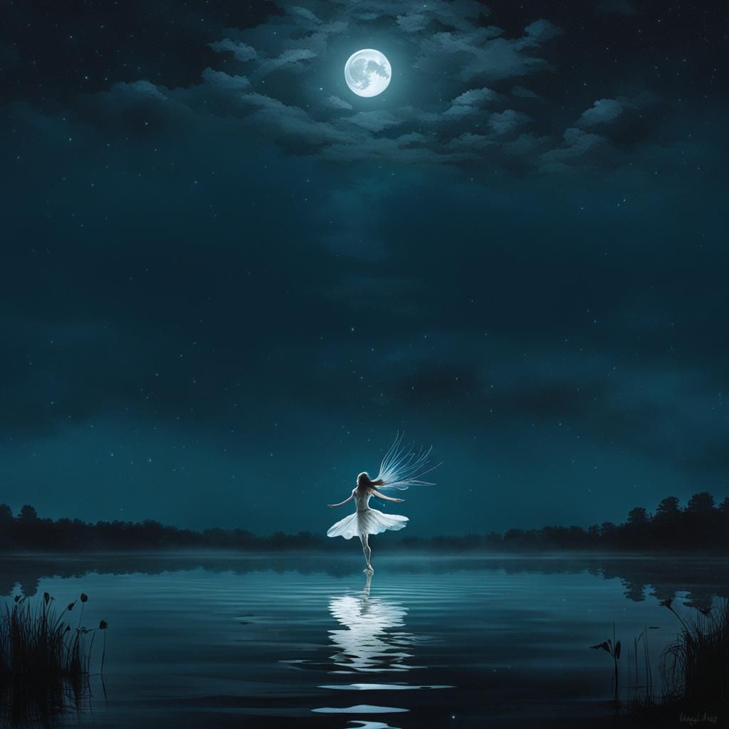 Luminous Water Nymph Emerges from Moonlit Lake