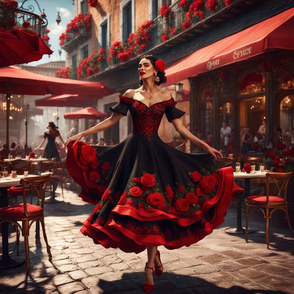 Flamenco Dancer in Street Cafe: Fantasy Concept Art