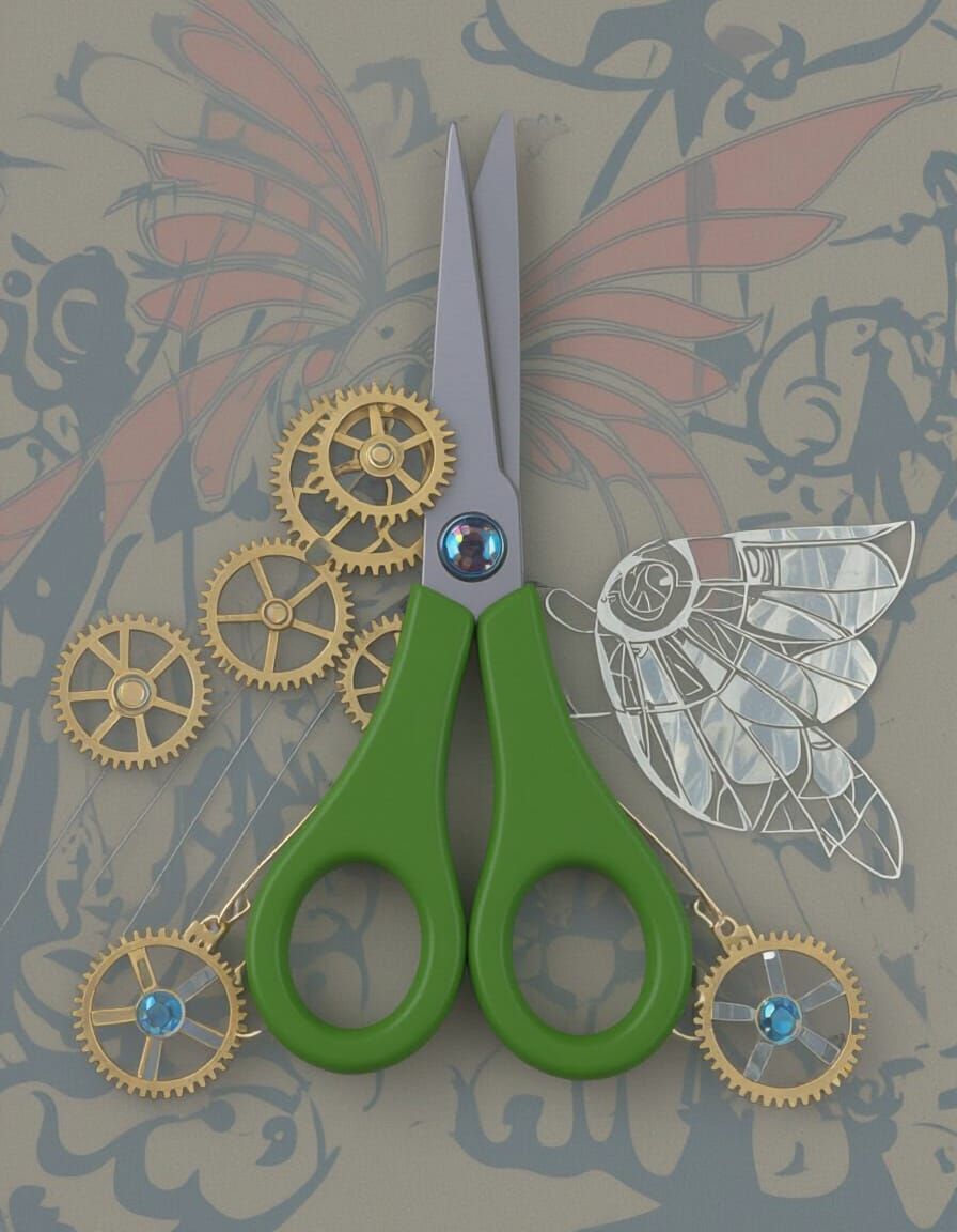 Steampunk Scissors with Golden Gears and Mechanical Wings