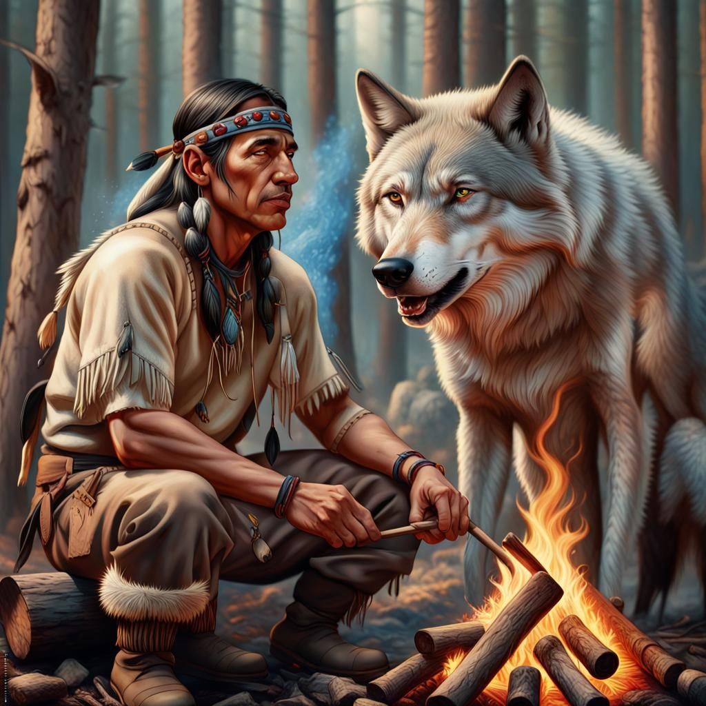 Native American Man and Wolf by Campfire