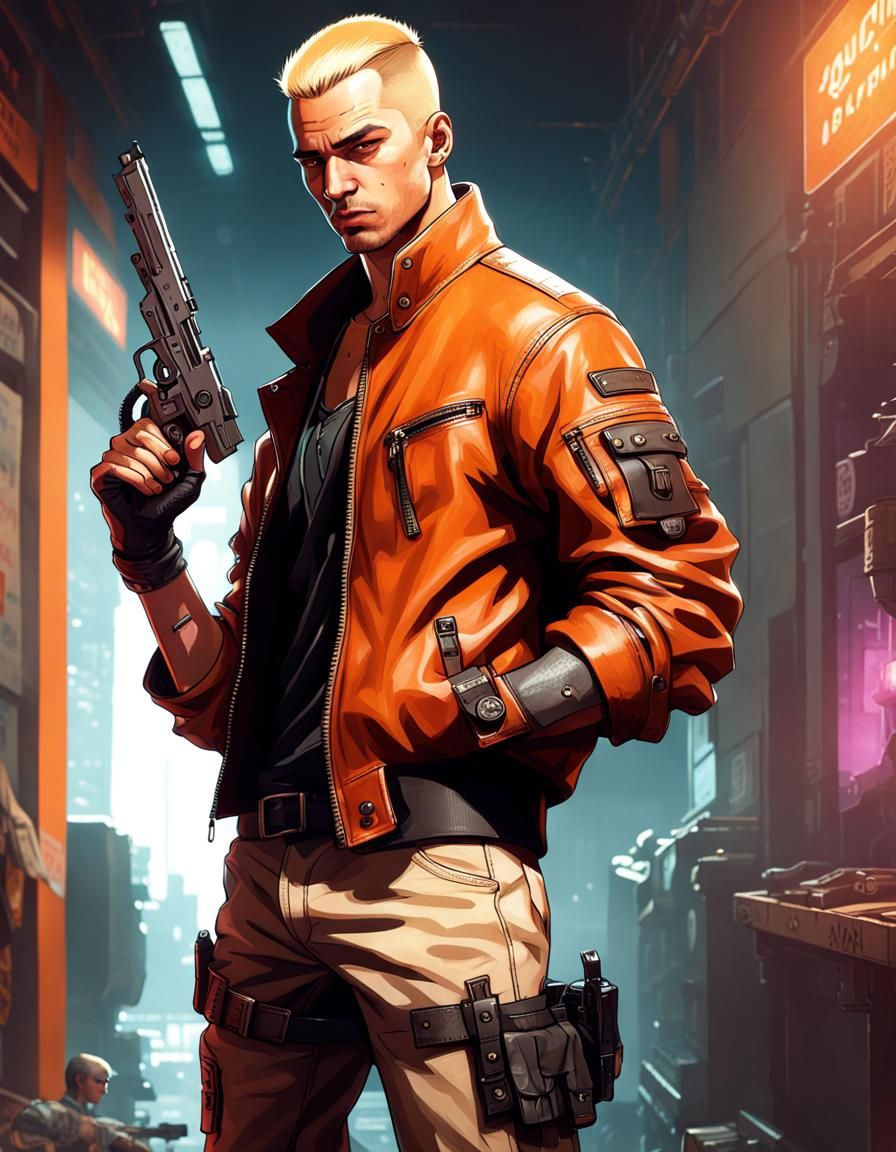 Cyberpunk Mercenary in Orange Leather Jacket