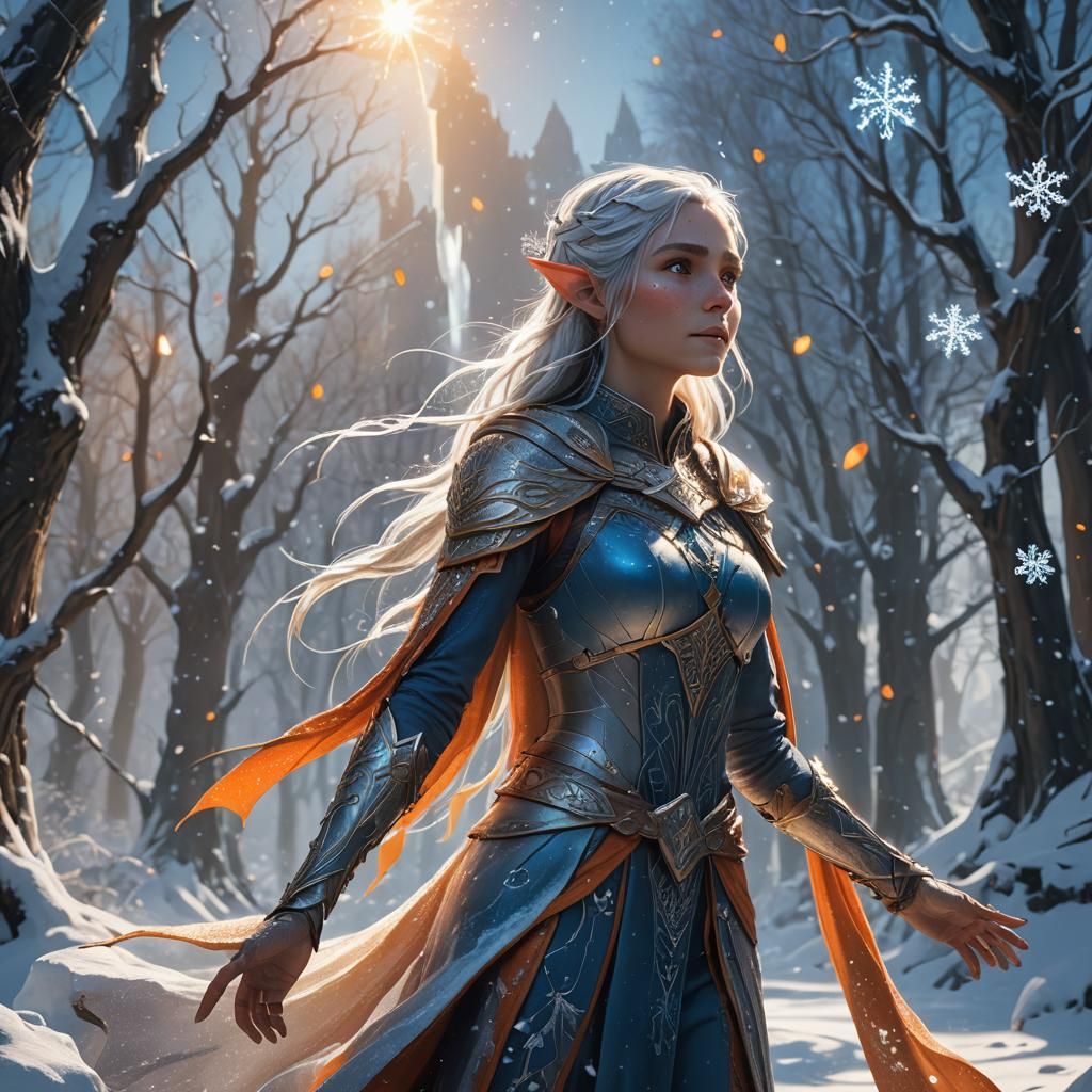 Healing Elf in Snowy Landscape, Fantasy Concept Art