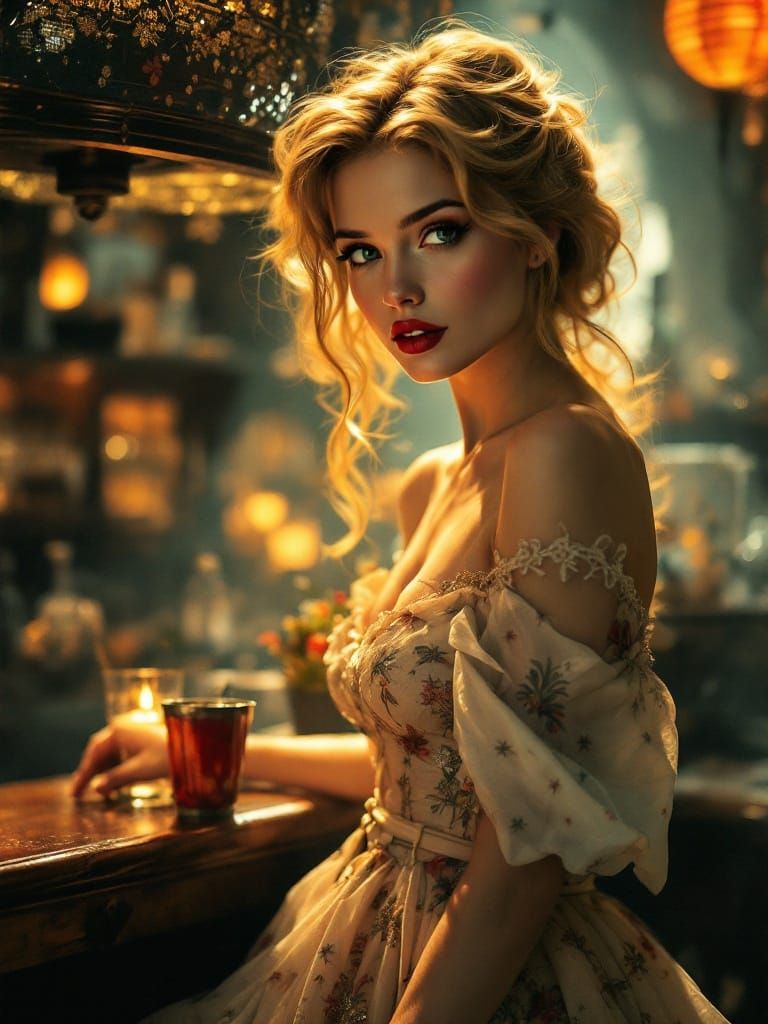 Pin-Up Woman in Spanish Bar, Ethereal Golden Light