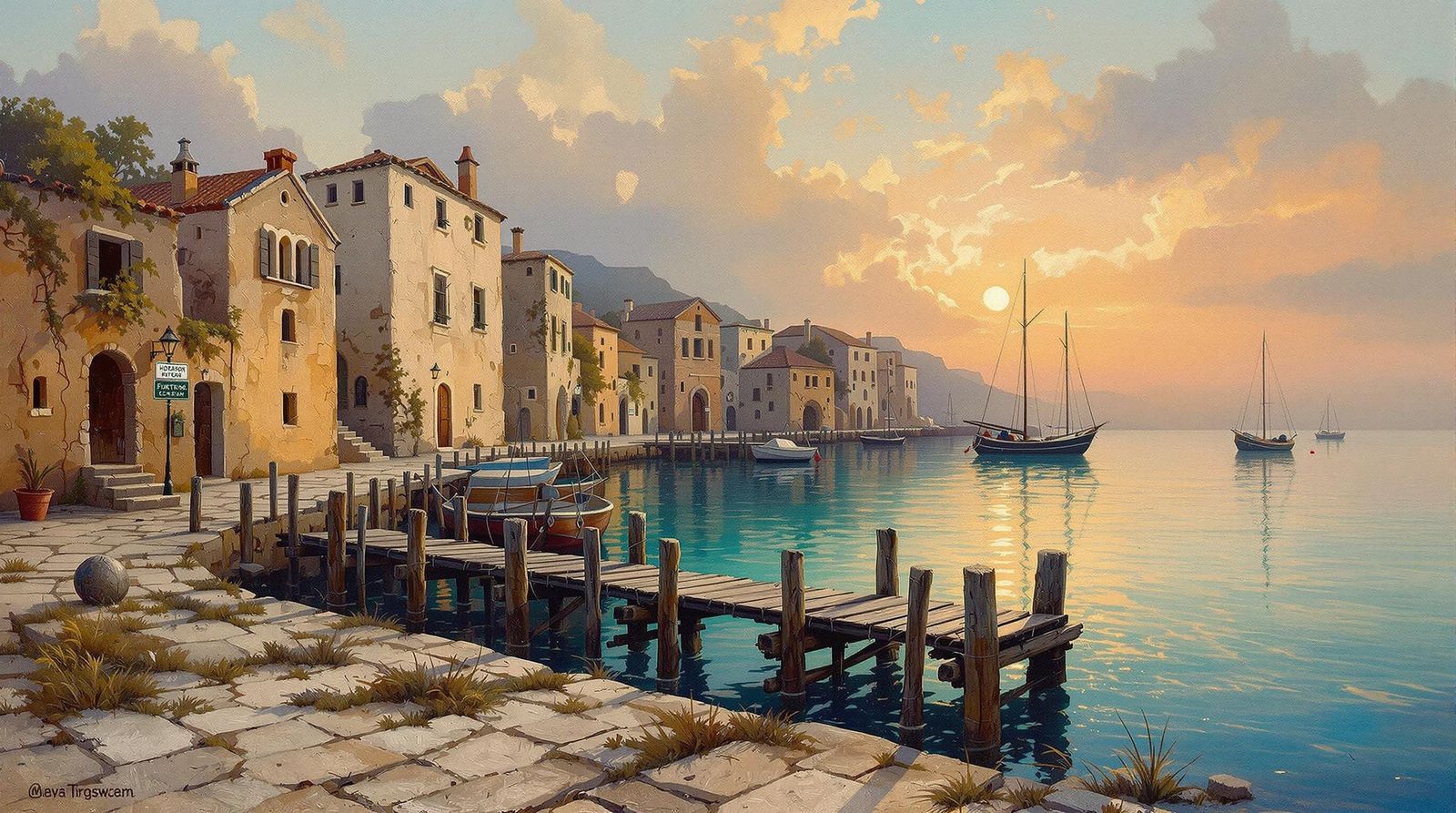 Ancient Harbor at Dusk: Impasto Painting