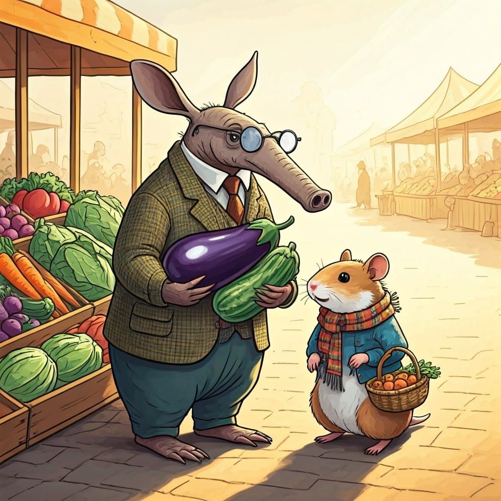 Aardvark and Hamster at the Market, Cartoon Style