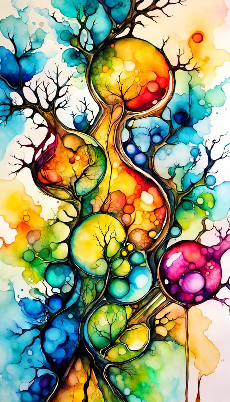 Vibrant Biological Forms in Expressionist Alcohol Ink Style
