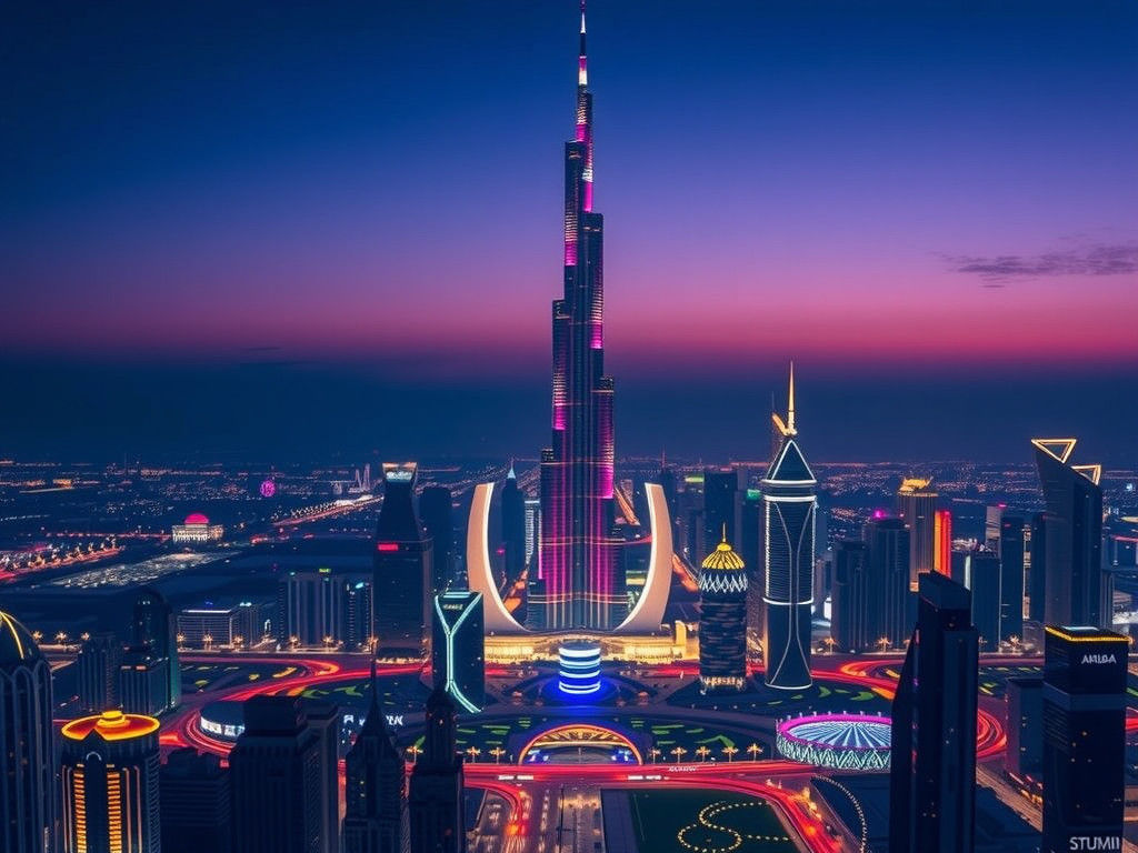 Dubai Skyline at Night in Futuristic Digital Art Style