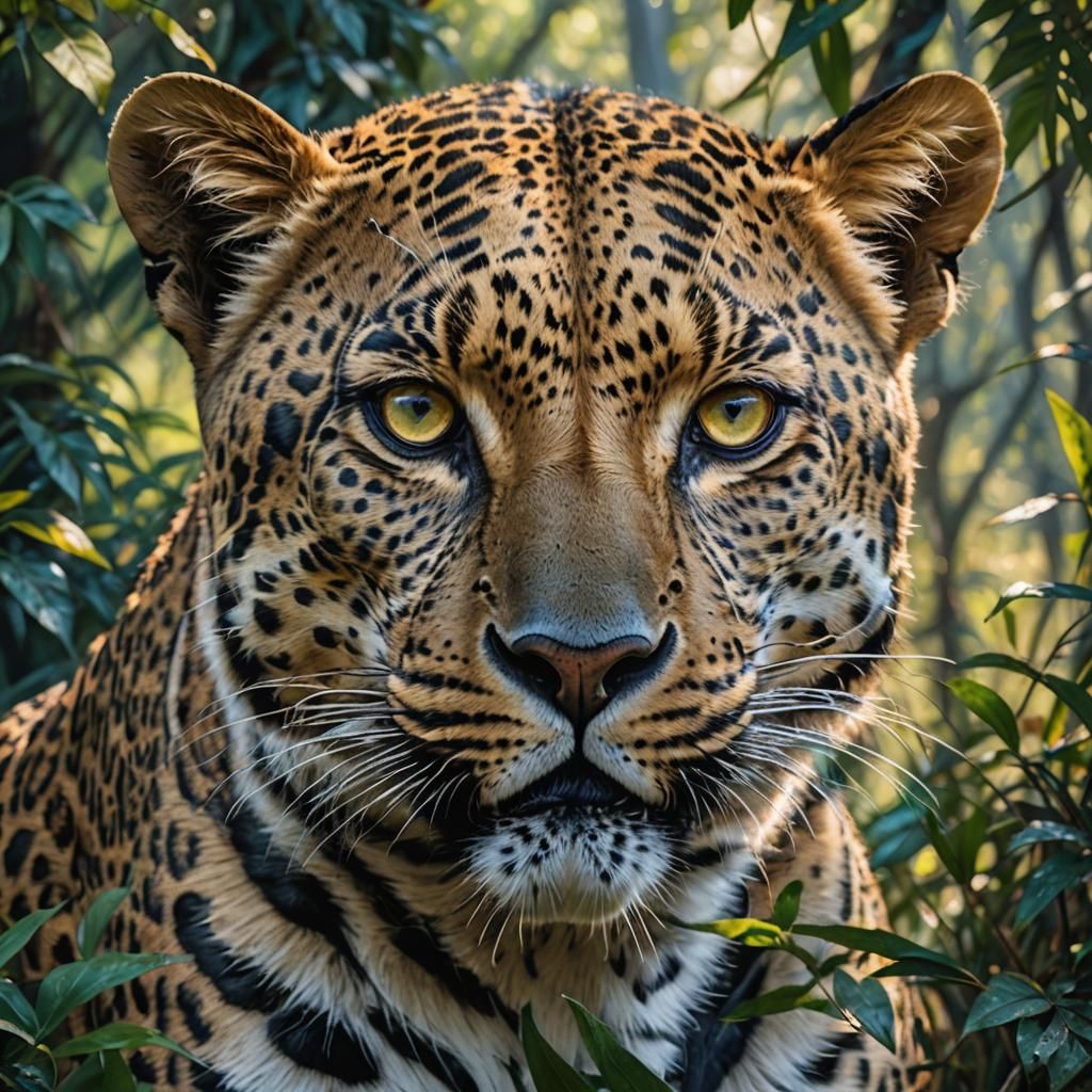 Hyperrealistic Leopard Portrait in Forest Splash Art
