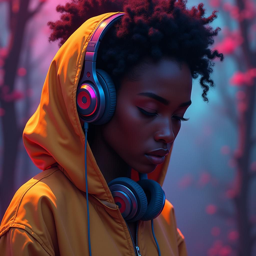 Introspective Woman with Headphones: Surreal Digital Art