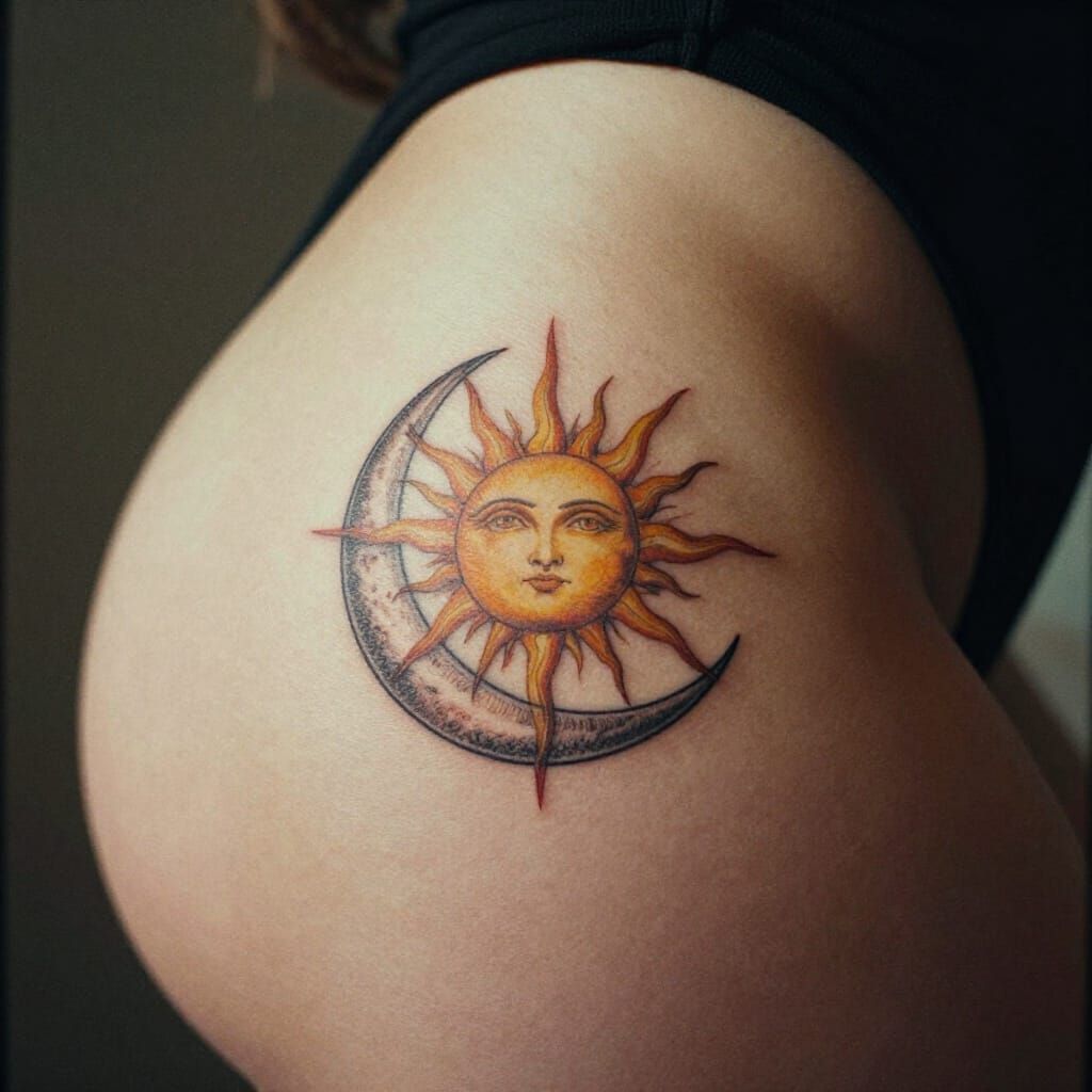 Elegant Sun and Moon Tattoo Art on Woman's Body