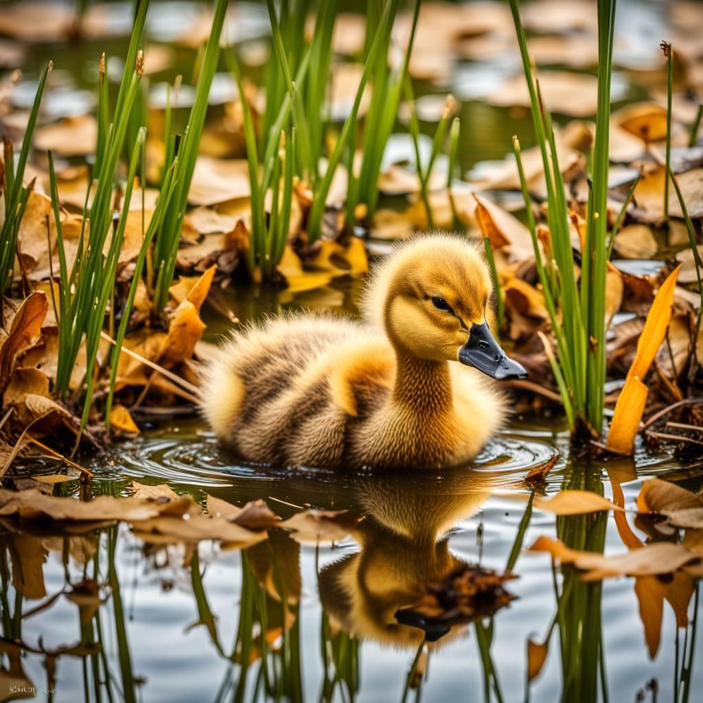 Fluffy Duckling Gazes into Mirror Pond Reflection
