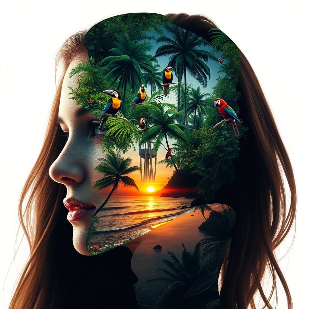 Dreamlike Woman Amidst Tropical Paradise