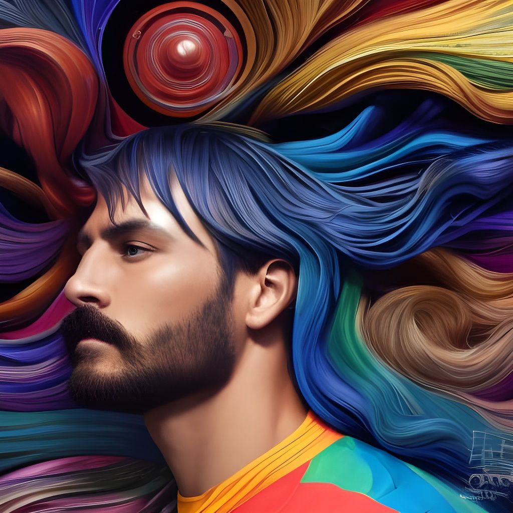 Psychedelic Portrait of Moustached Man with Multicoloured Ha...