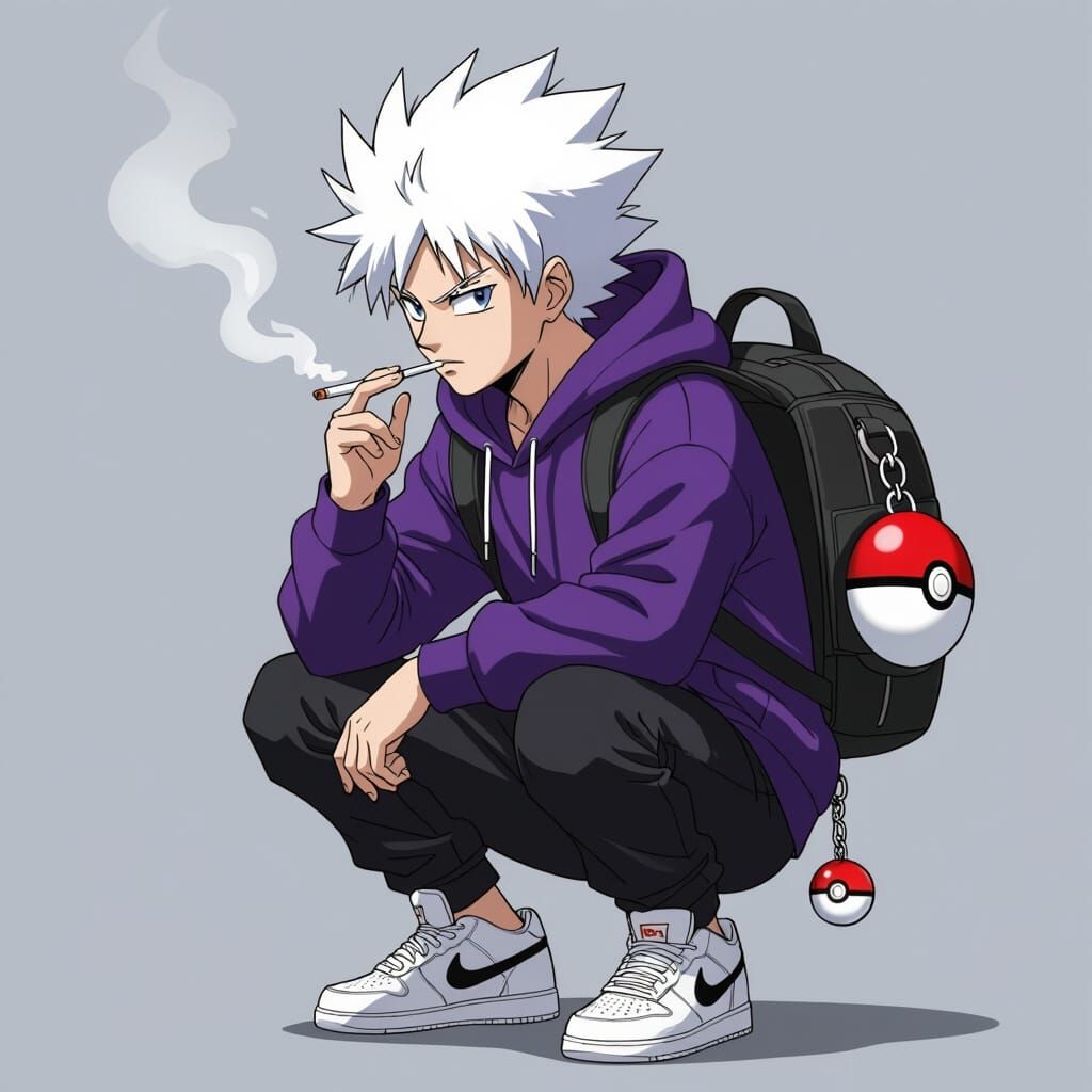 Anime Character Squatting with Cigarette, Cel-Shaded Style