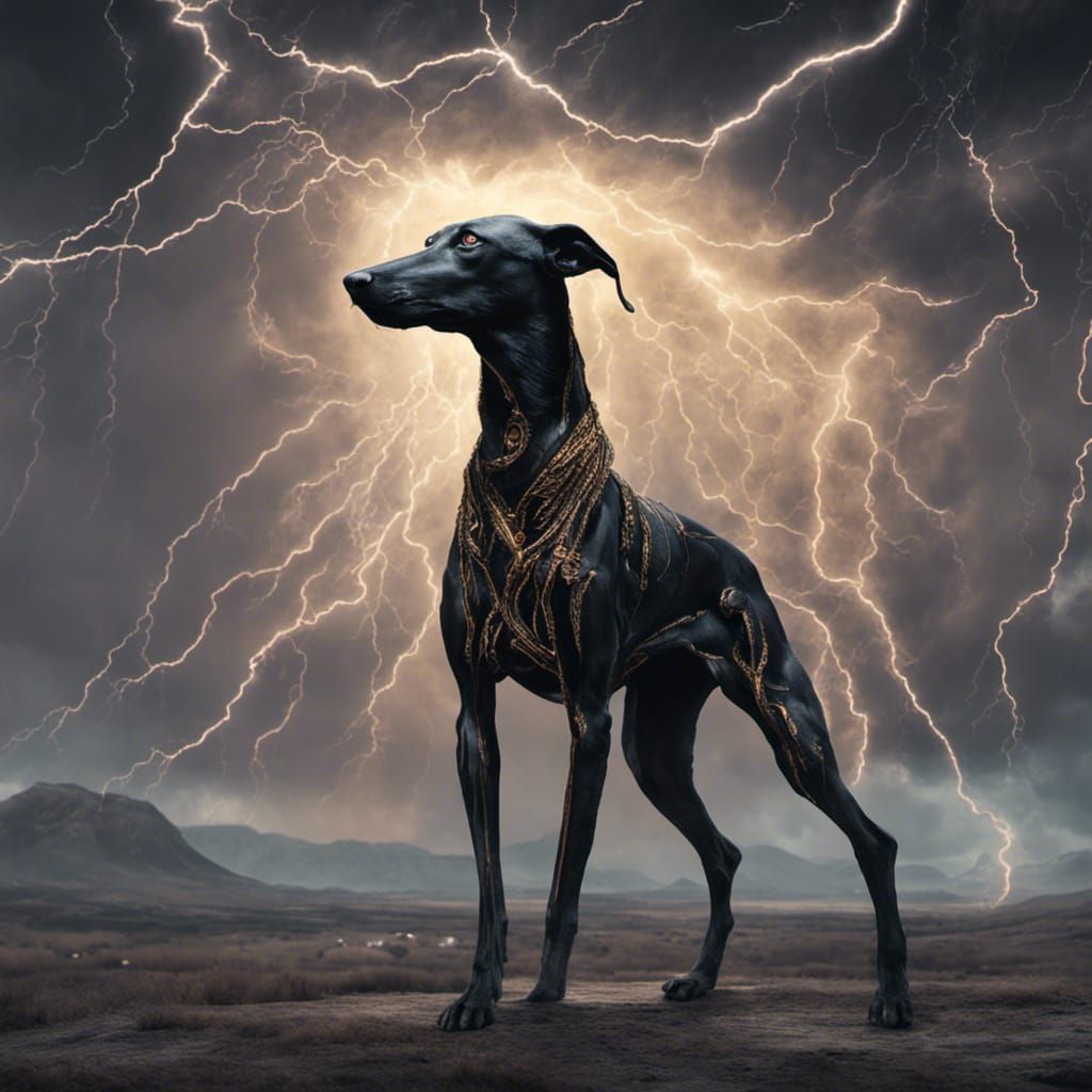 Epic Black Galgo Deity in Lightning Storm