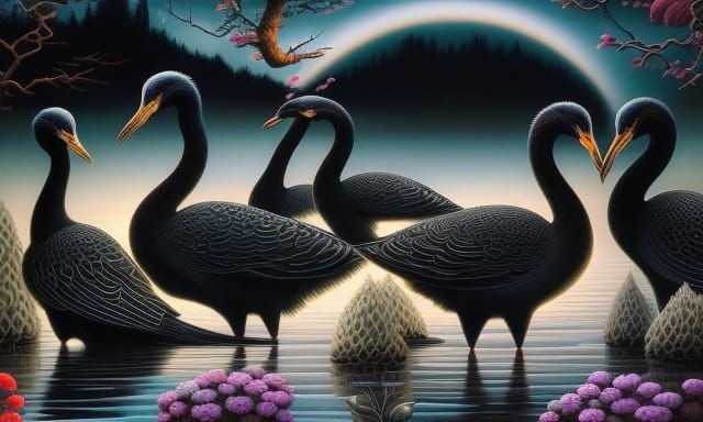 Elegant Black Swans in Surreal Fantasy Art