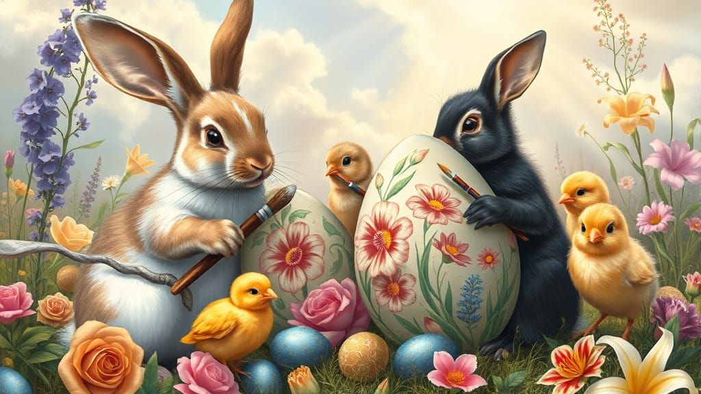 Rabbits and Chicks Painting Easter Eggs