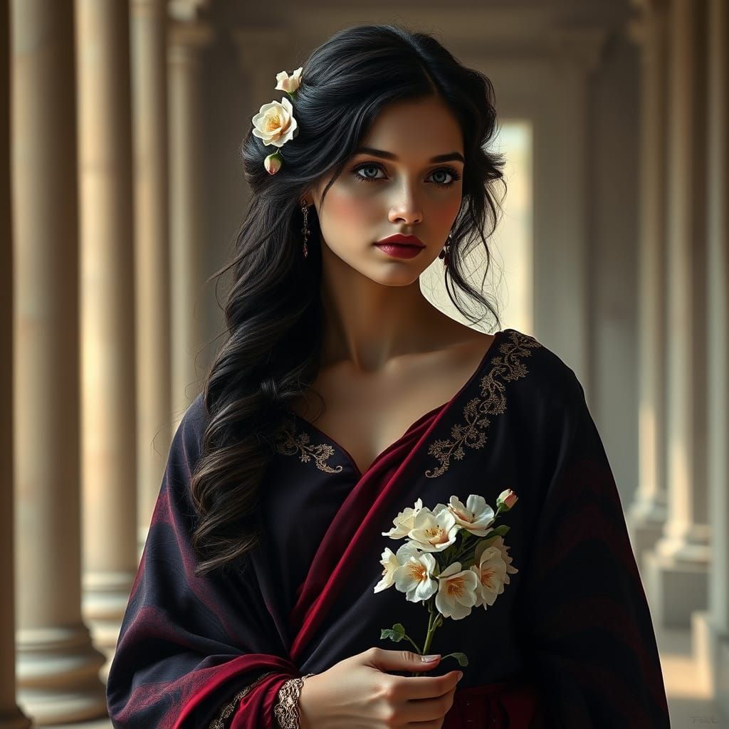 Elegant Woman in Romantic Classical Setting