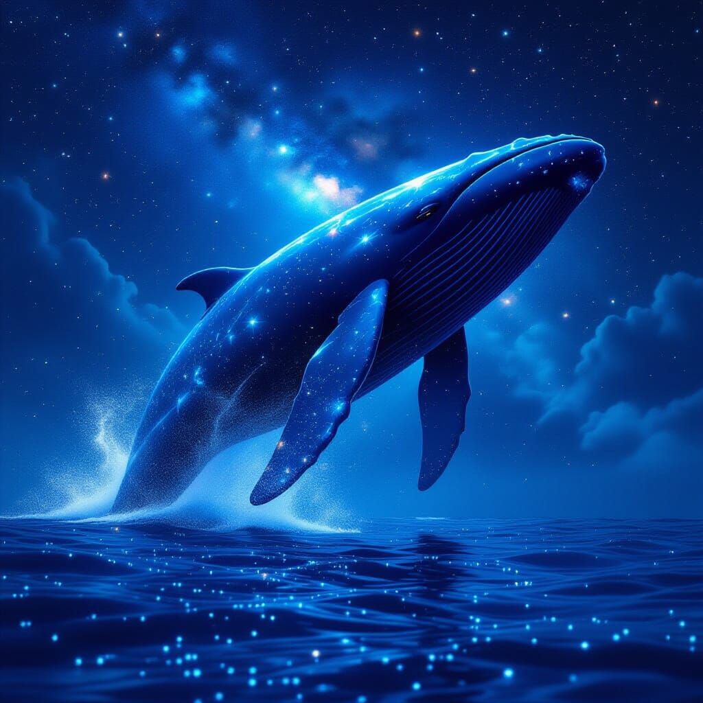Majestic Whale Breaching Through Liquid Starlight Sea