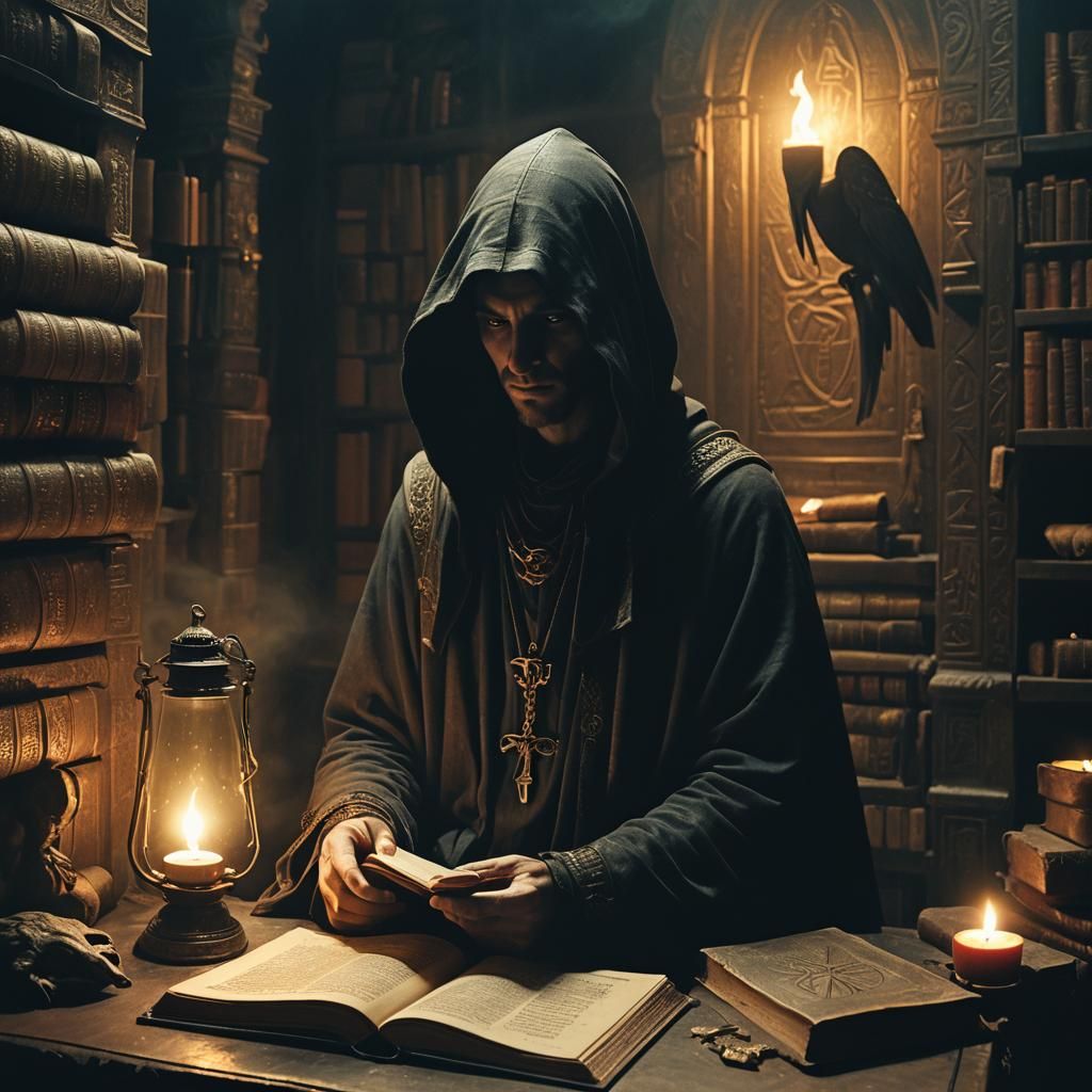Mystical Chamber: Hooded Figure with Book of Thoth